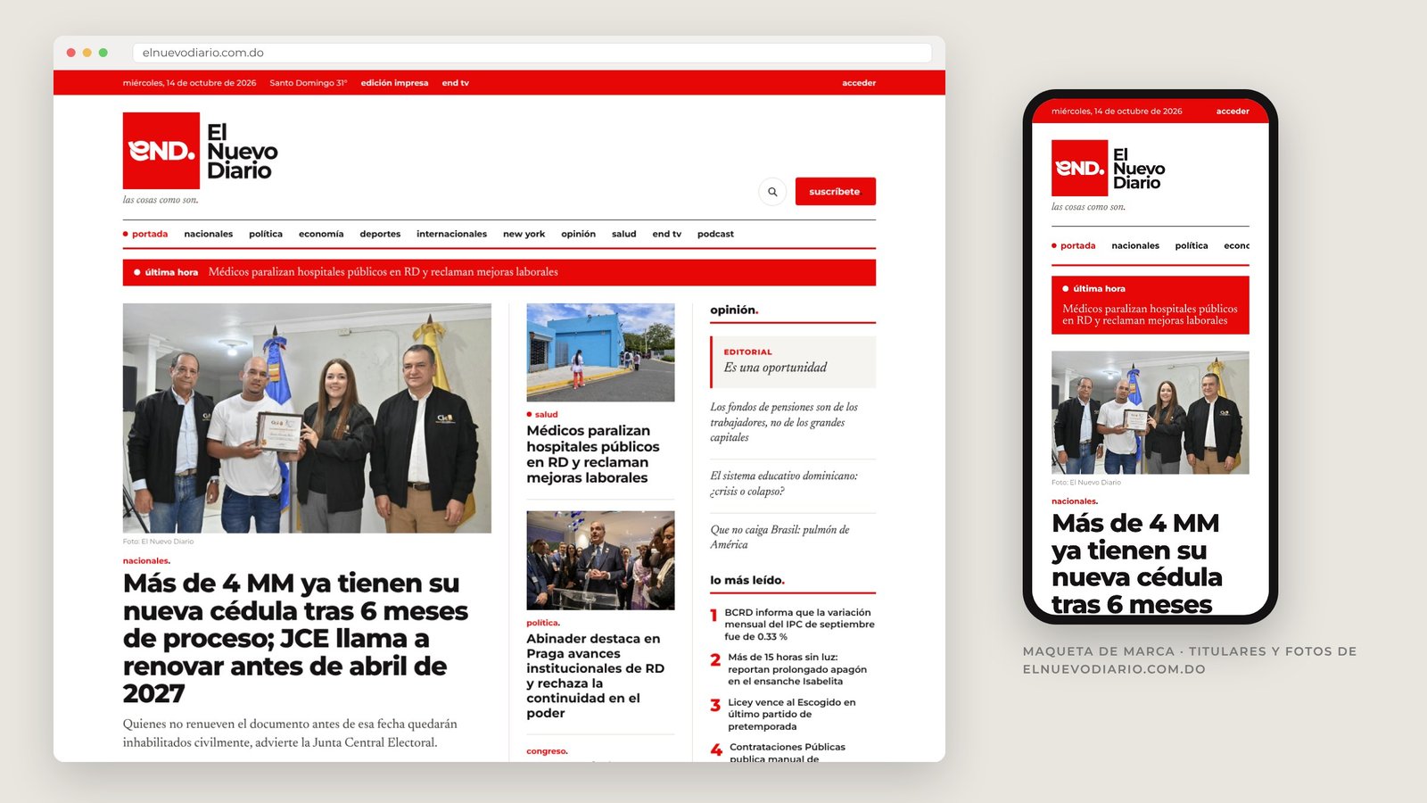 Portada del sitio web en escritorio y en móvil: barra roja, logotipo de cuadro a la izquierda, franja de última hora y la noticia de la nueva cédula